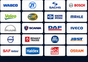 Grandes marques pieces camion et poids lourd : WABCO, ZF, Bosch, Valeo, Hella, Knorr-Bremse, Mahle, MAN, Scania, DAF, Iveco, Volvo, Renault Trucks, BPW, JOST, SAF-Holland, Haldex, Febi Bilstein et OSRAM